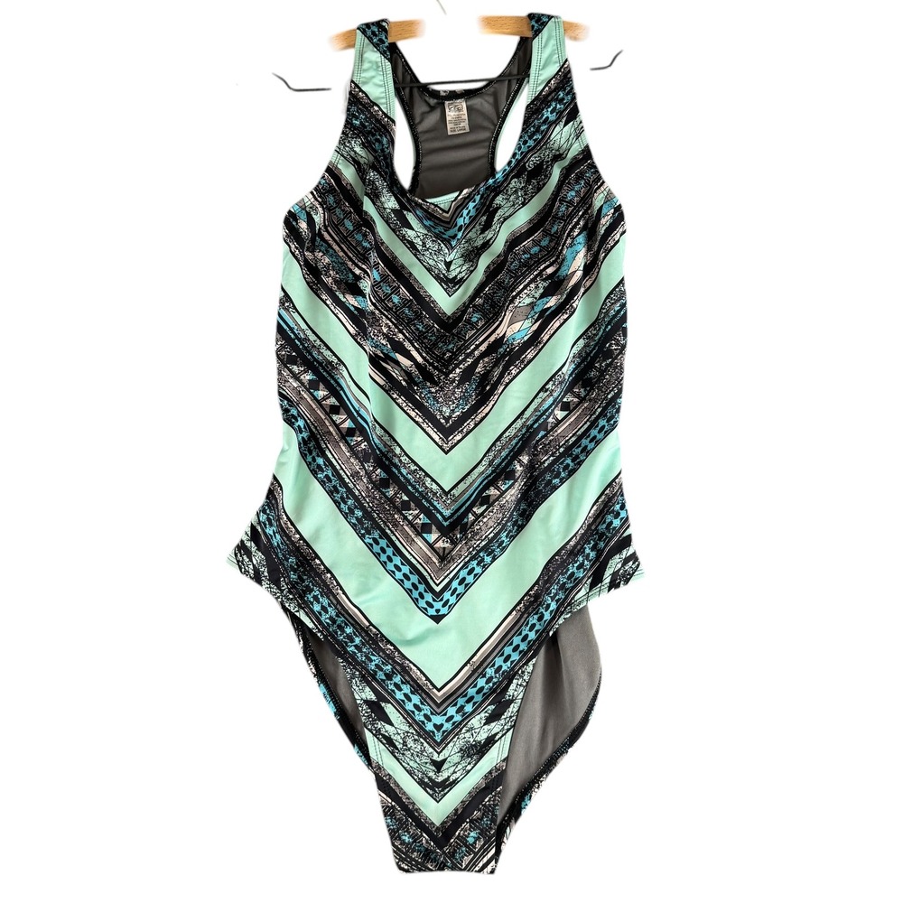 Mysterioso Womens Racerback One Piece Swimsuit Mint Green Chevron Geometric L‎